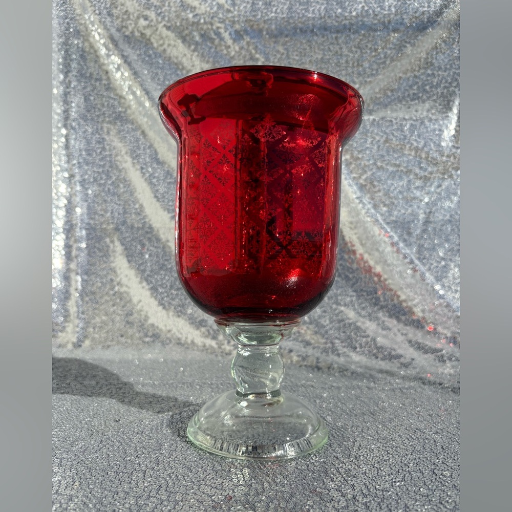 Unbranded Ruby Red Glass Hurricane Candle Holder or Vase w/Clear Base Pedestal